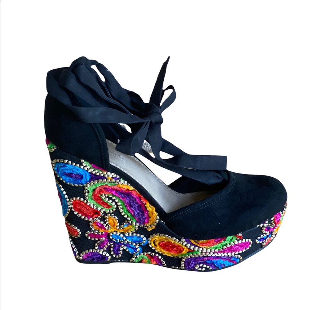 Asos Black with Colorful Appliqué Lace Up Platform Wedges Size 7